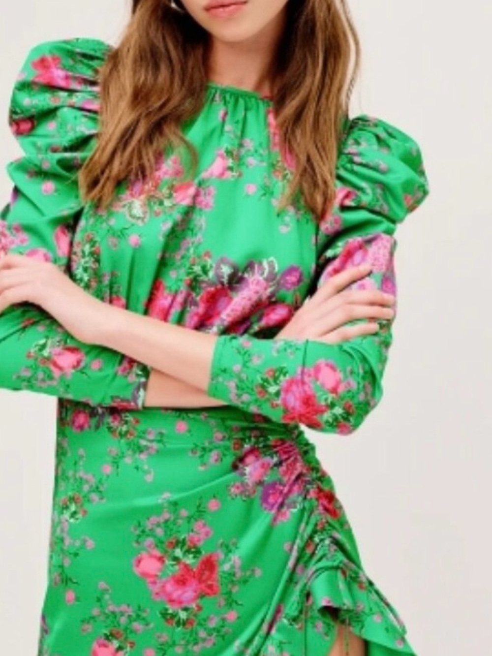 For Love & Lemons Green Floral Dress with Pink Blooms